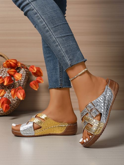 Color matching belt buckle slippers for women su