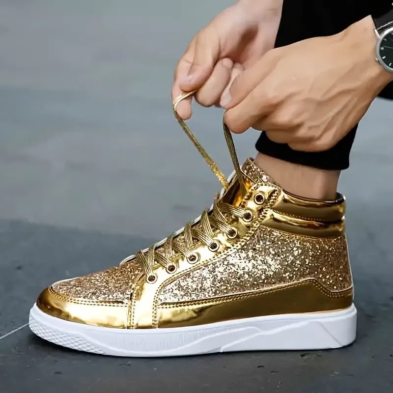 Men's Faux Patent Leather High Top Skate Shoes, Comfy Non Slip Street Style Sneakers For Men's Outdoor Activities