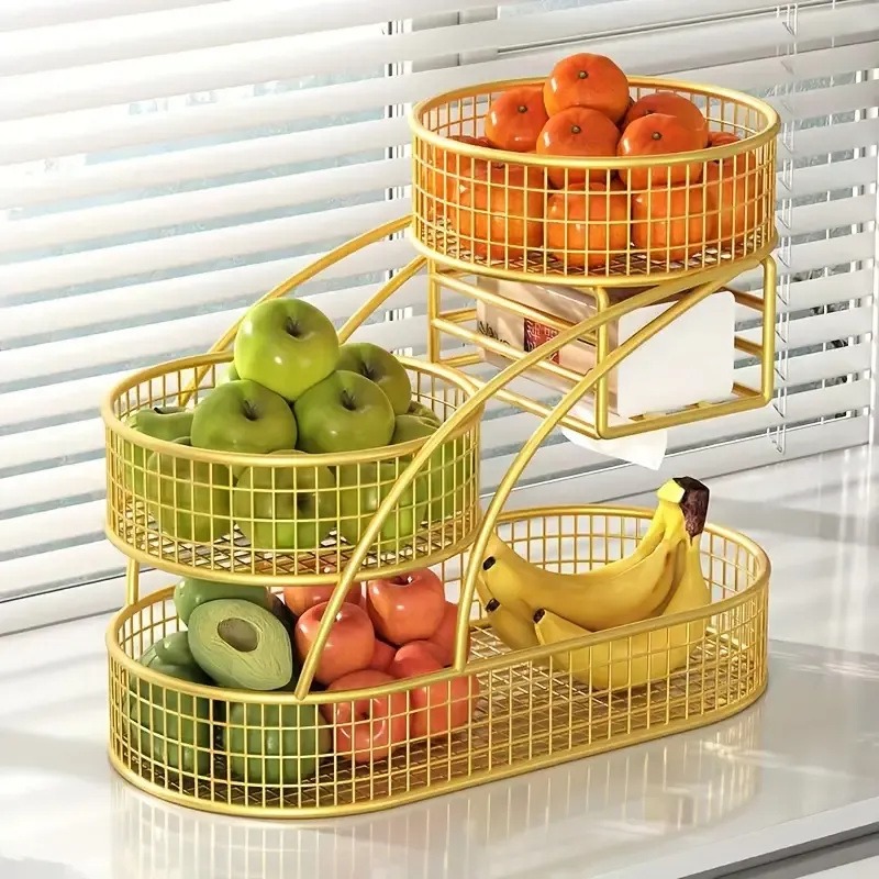 Tier Oval Iron Fruit Basket Stand for Kitchen and Living Room, Countertop Lacquered Multi-Level Storage Organizer for Snacks and Dry Fruits, Luxury Decorative Display Rack