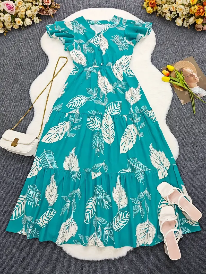 Feather Print V Neck Dress, Elegant Tiered Sleeve Midi Dress For Spring & Summer, Women's Clothing