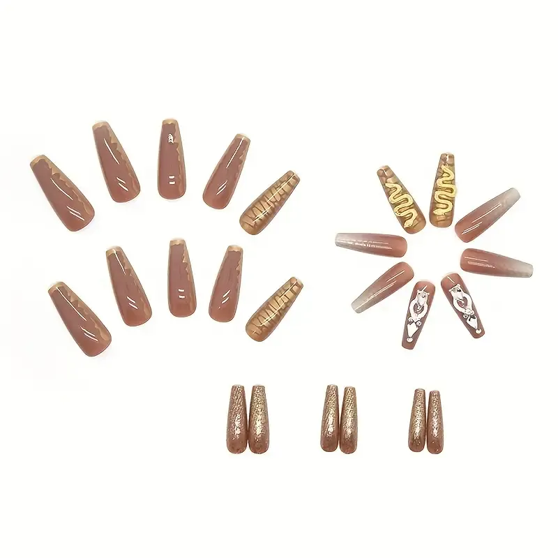 24pcs Fall Winter Brown Fake Nails, 3D Snake Shape Rhinestone Press On Nails With Design, Golden Foil Glue On Nails, Full Cover Extra Long Coffin False Nails For Women And Girls