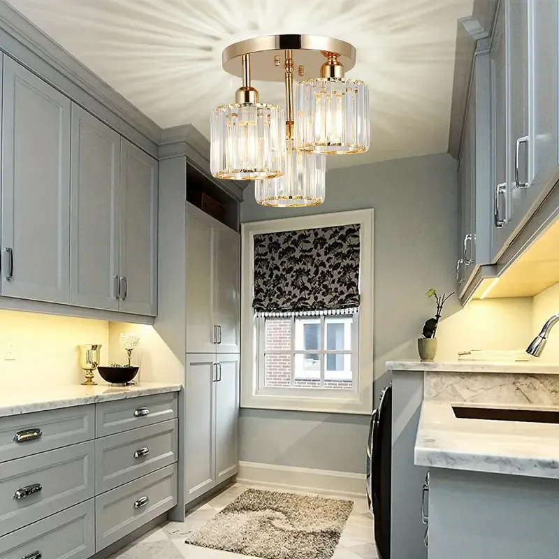 Modern Semi-Flush Mount Crystal Pendant Lights - Metal with Shade, Switch Control, Hard-Wired, E27 Base, Compatible with 110-240V for Kitchen, Bedroom, Hallway, Entryway, Dining Room
