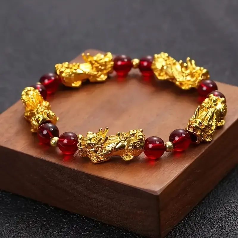 Fashionable Pixiu Charm Bracelet with Red Natural Stone Beads, Unisex Fortune-Bringing Jewelry, 1Pc No Plating Handcrafted Accessory for Various Occasions