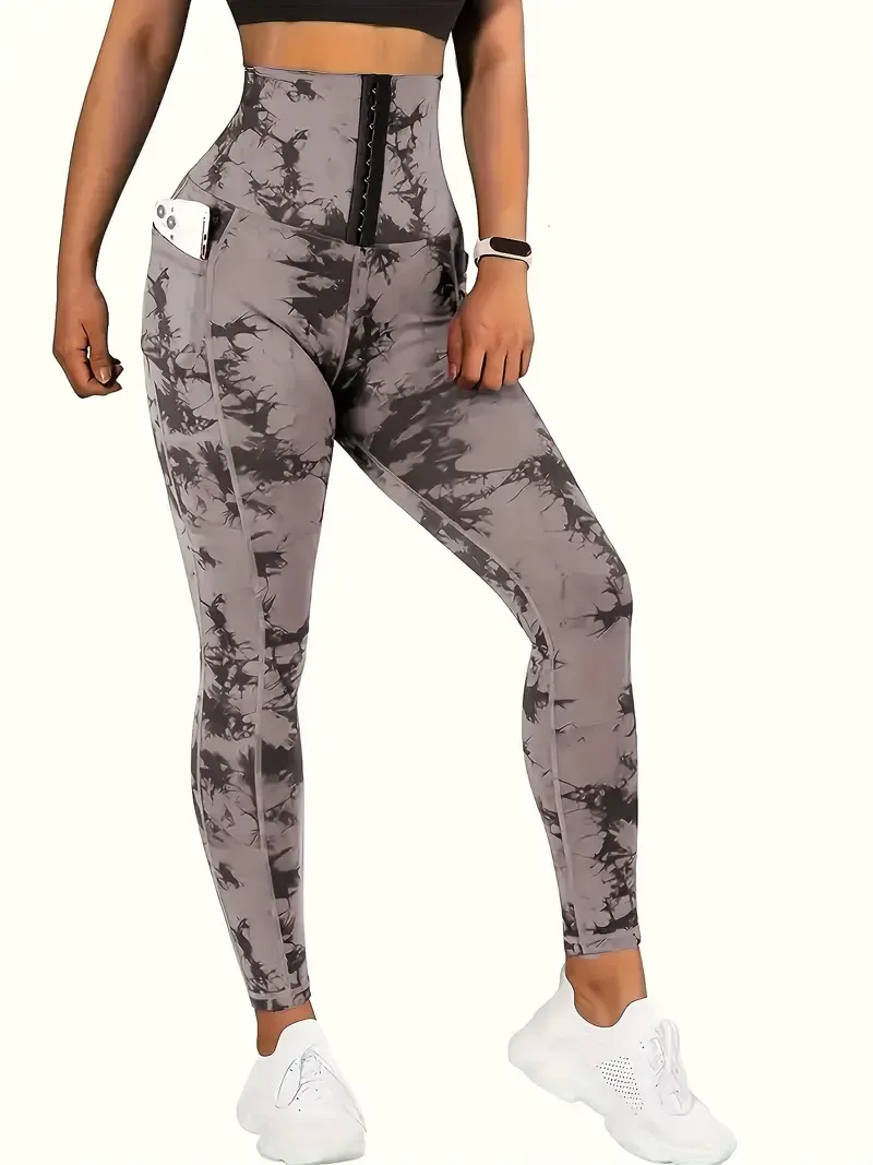 Women's High-Waist Printed Athletic Leggings With Front Buckle For Yoga And Workout - Non-Transparent, High Stretch