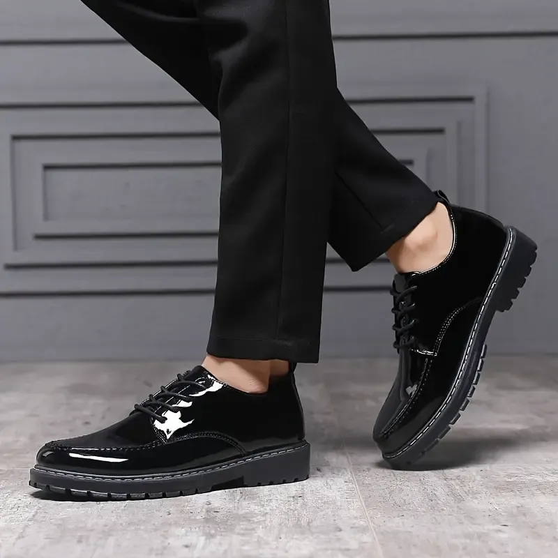 Men's Faux Patent Leather Business Style Formal Shoes, Comfy Nonslip Trendy Lace Up Dress Shoes, Men's Footwear