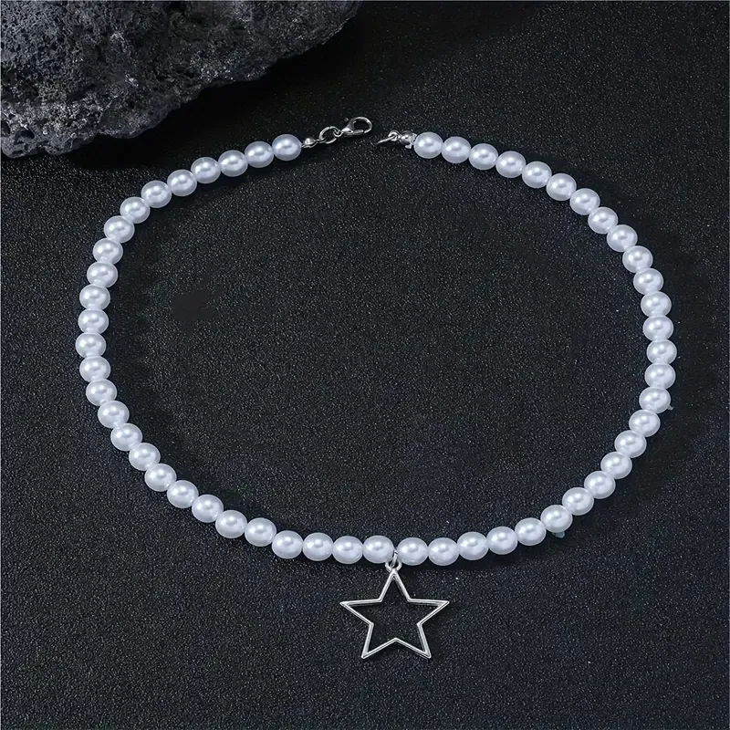 1pc Pentagram Simple Handmade Pearl Pendant Necklace For Men faux pearl