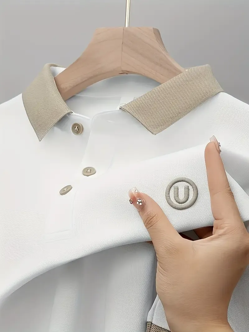 Men's Golf Shirt With Embroidered Design, Casual Slightly Stretch Button Up Golf Shirt, Men's Clothing For Summer Outdoor