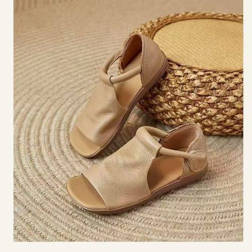 Retro handmade sandals, flat and comfortable women's shoes, Velcro open-toe sandals