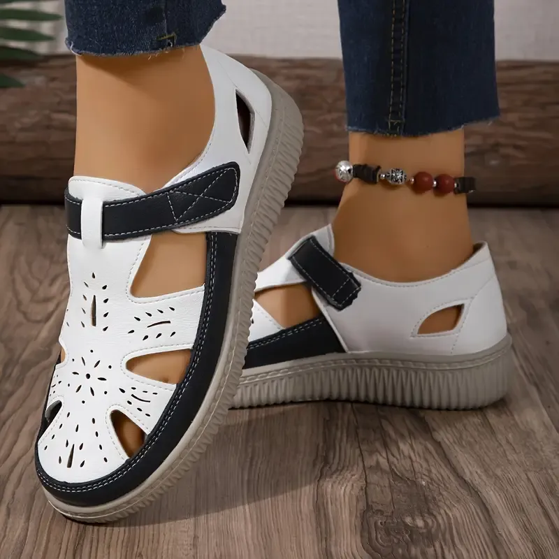 Women's Contrast Color Flat Sandals, Casual Cutout Design Summer Shoes, Women's Comfortable Shoes
