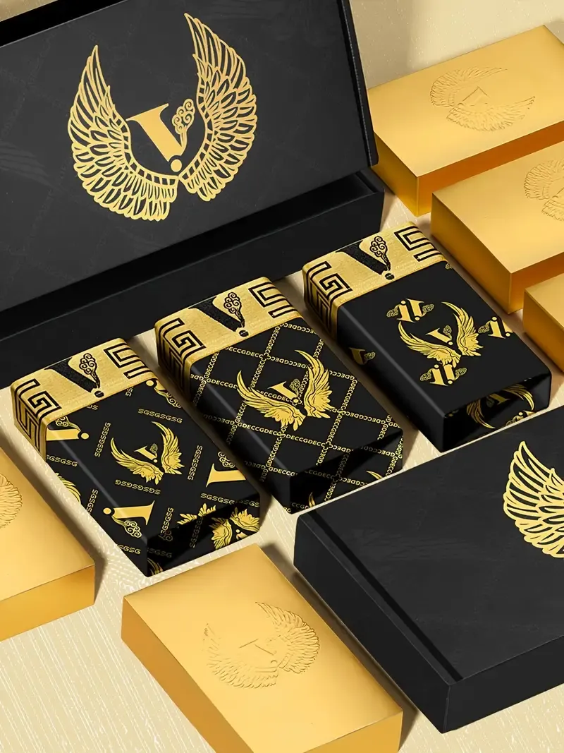 Black Golden Gift Box Package - Stylish Series 3pcs Men's Golden Wing & Chain Print Boxer Briefs - Comfy & Antibacterial Luxury Underwear Set, As Gift