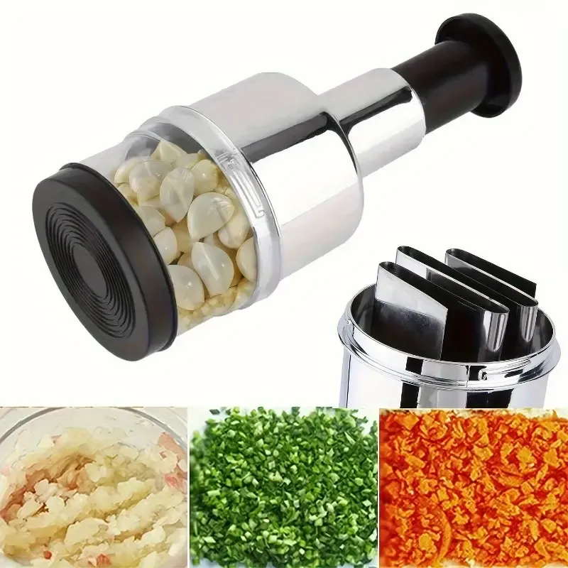 Manual Garlic Press and Vegetable Chopper - Stainless Steel Kitchen Gadget for Mincing Garlic, Chopping Onions, and Dicing Fruits & Vegetables, No Electricity Required