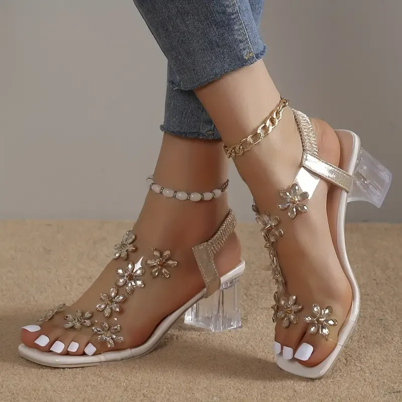 Women's Flower Rhinestone Block Heel Sandals, Fashion Square Open Toe Elastic Strap Slip On High Heels, Versatile Sandals