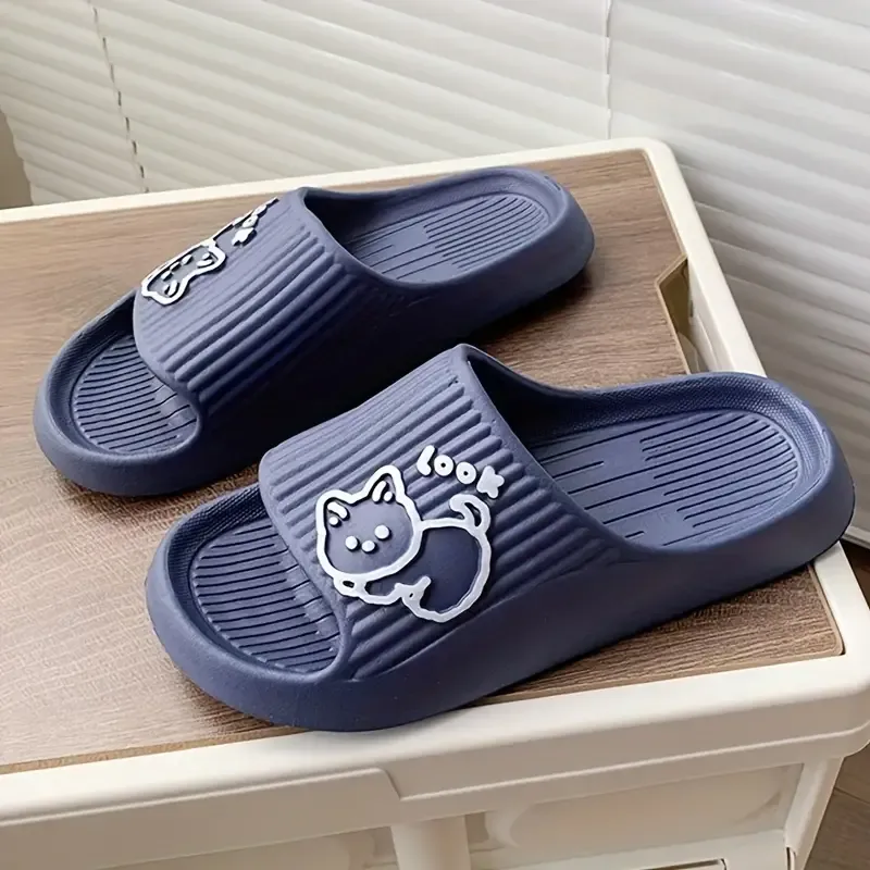 Minimalist Cartoon Cat Slippers - EVA Anti-Slip Indoor Bathroom Summer Slides - Soft Beach Hotel Casual Quiet Sole Comfortable Pool Slide-ons with Positioning Printing