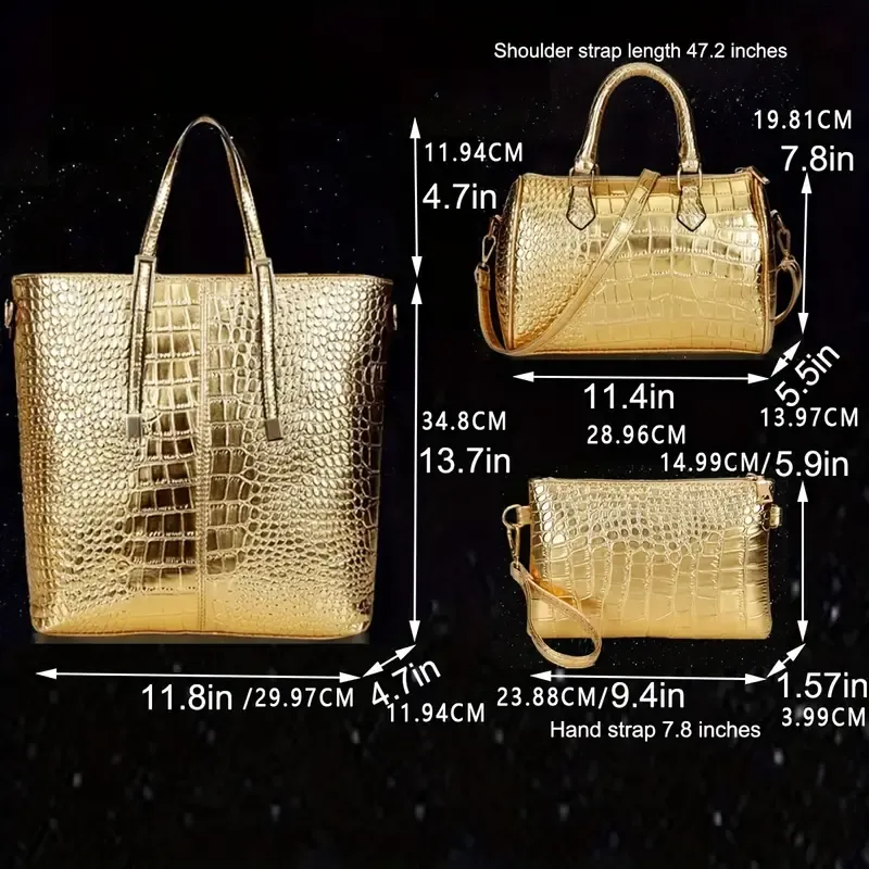 Golden Crocodile Print Tote Bag, Luxury Top Handle Satchel, Women's Fashion Handbag, Shoulder Bag, Crossbody Bag & Purse