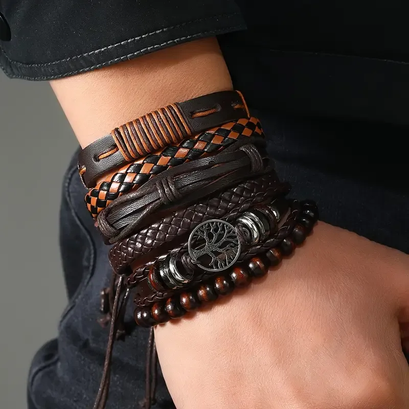 6pcs Woven Men's Multi-layer Faux Leather Bracelet, Coffee Color Retro Minimalist Life Tree Bracelet