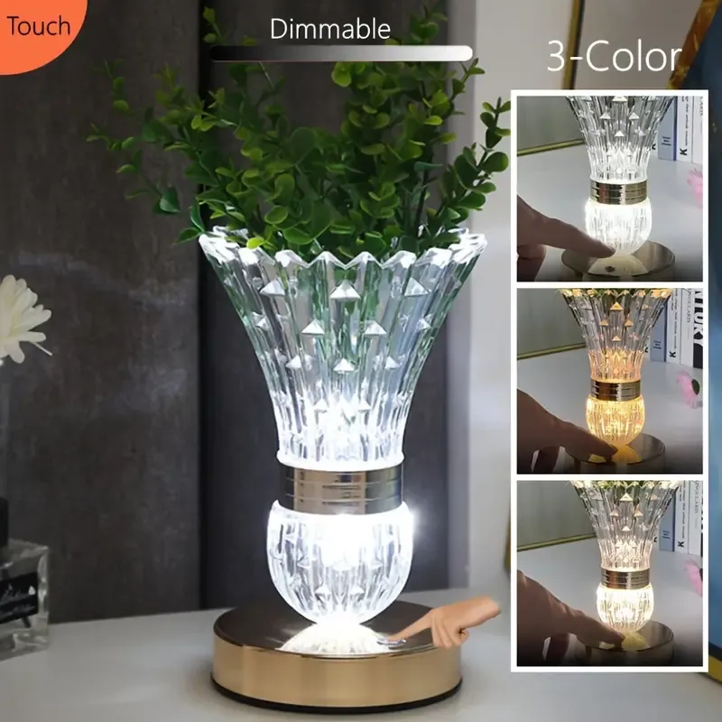Dimmable Crystal Vase Decorative Lamp with 3-Color Mode, LED Lights, USB Charged, Rechargeable Lithium Battery, Touch-Controlled Bedside Table Light with PP Material, Multi-Functional Home Decor Accent (1pc)