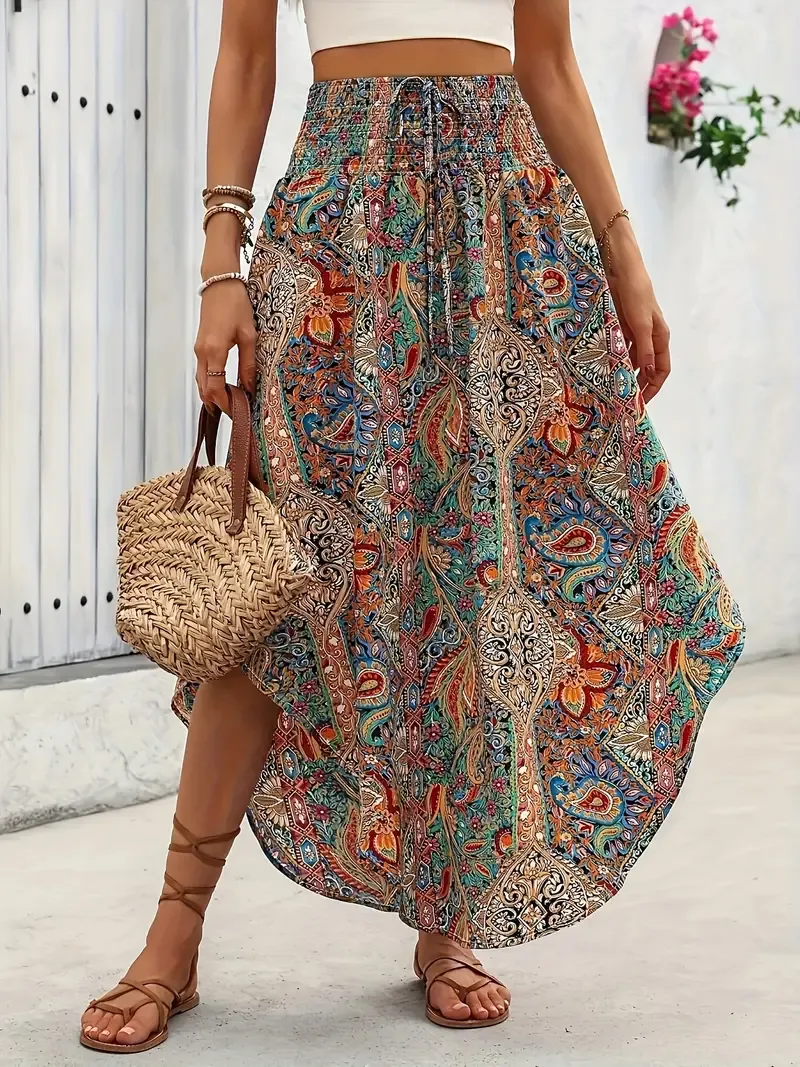 Paisley Print Shirred Waist Skirt, Boho High Waist Curved Hem A-line Tie Skirt For Spring & Summer, Women's Clothing