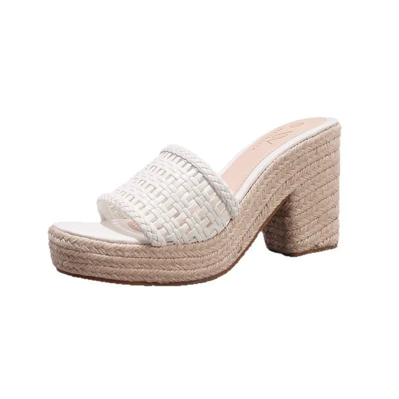 Hollowed-out hemp rope wedge heel sandals with a one-strap summer casual shoes