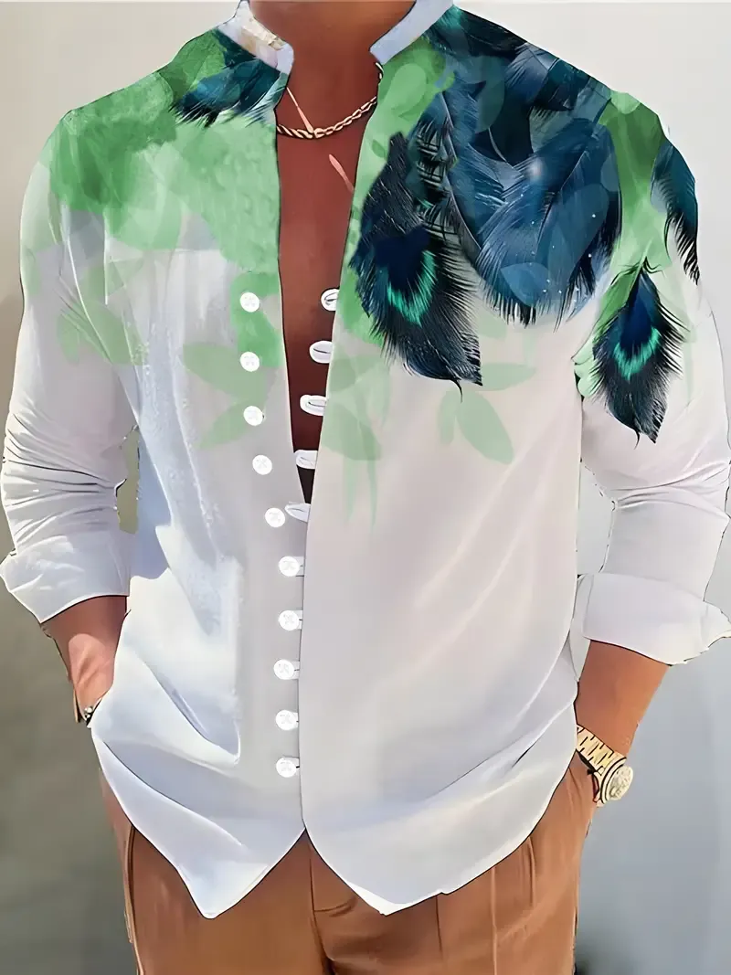 Feather 3D Pattern Print Men's Casual Long Sleeve Shirt