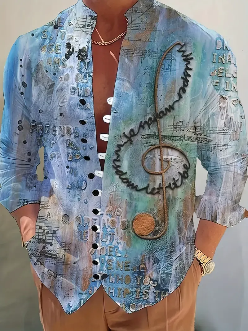 Limited-time offer Men's Distressed Music Notes Print Long Sleeve Lapel Shirt For Spring And Fall, Casual Comfy Trendy Shirt As Gift