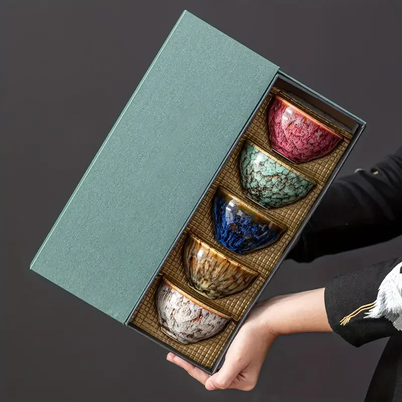 Elegant Ceramic Tea Cup Set - 5-Element Design With Gift Box | Perfect For Kung Fu & Loose Leaf Tea | Non-Slip, Lead-Free, Reusable Drinkware | Ideal For Home, Office, Or As A Thoughtful Gift