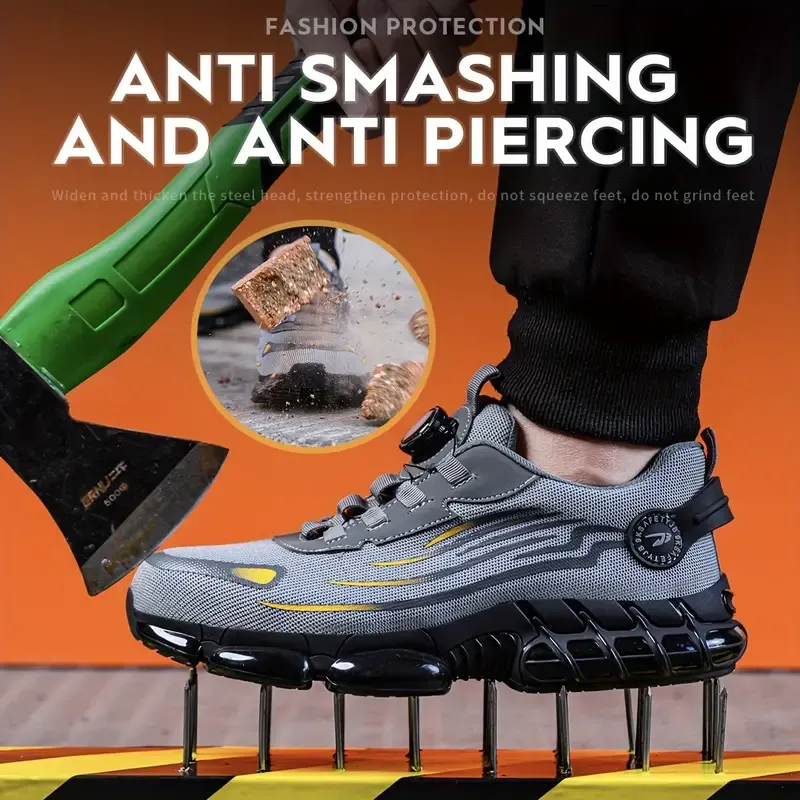 Breathable Men's Steel Toe Safety Shoes with Rotating Buckle, Comfy Non Slip Durable Work Footwear
