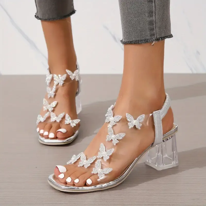 Elegant Butterfly Rhinestone Mid-Heel Sandals