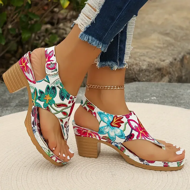 🔥🔥Hot Sale Promotion 🔥🔥-Women's Floral Print Thong Sandals,🔥🔥 Fashion Ankle Strap Slingback Block Heels, All-Match Going Out Clip Toe Shoes