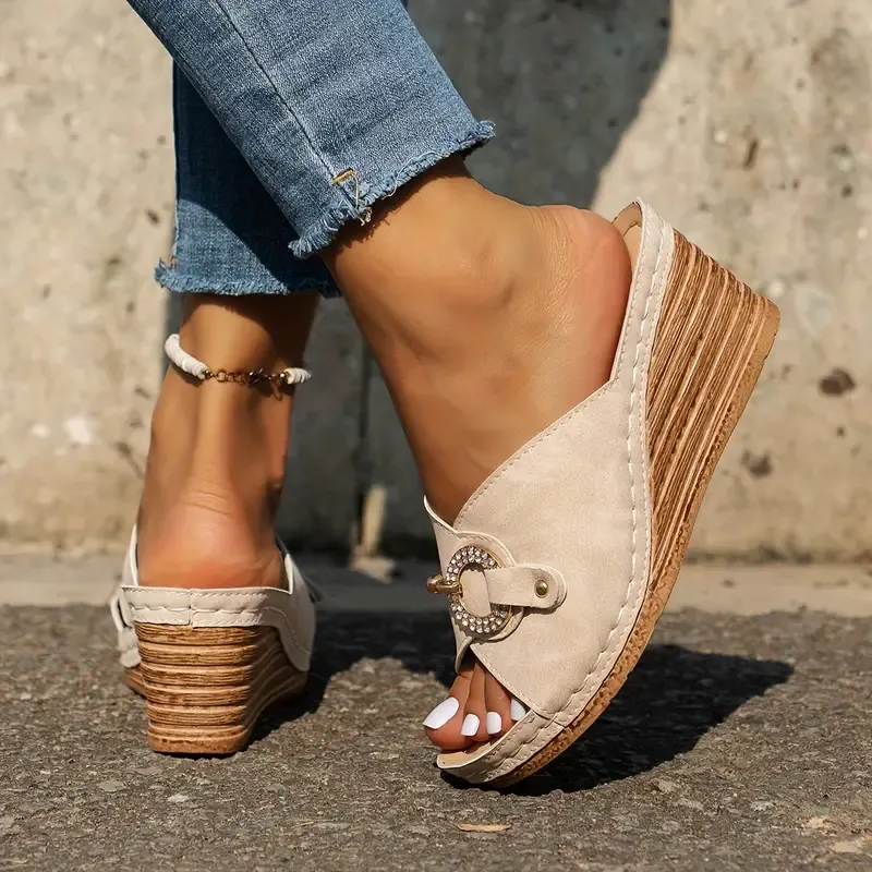 Women's Solid Color Platform Sandals, Buckle Decor Casual Slip On Wedge Slides, Non-slip Summer Slides