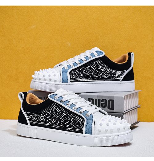 Men's Red-Soled Casual Shoes with Rivets and Rhinestones Trendy Men's Sneakers Two-Tone Hip-Hop Trainers