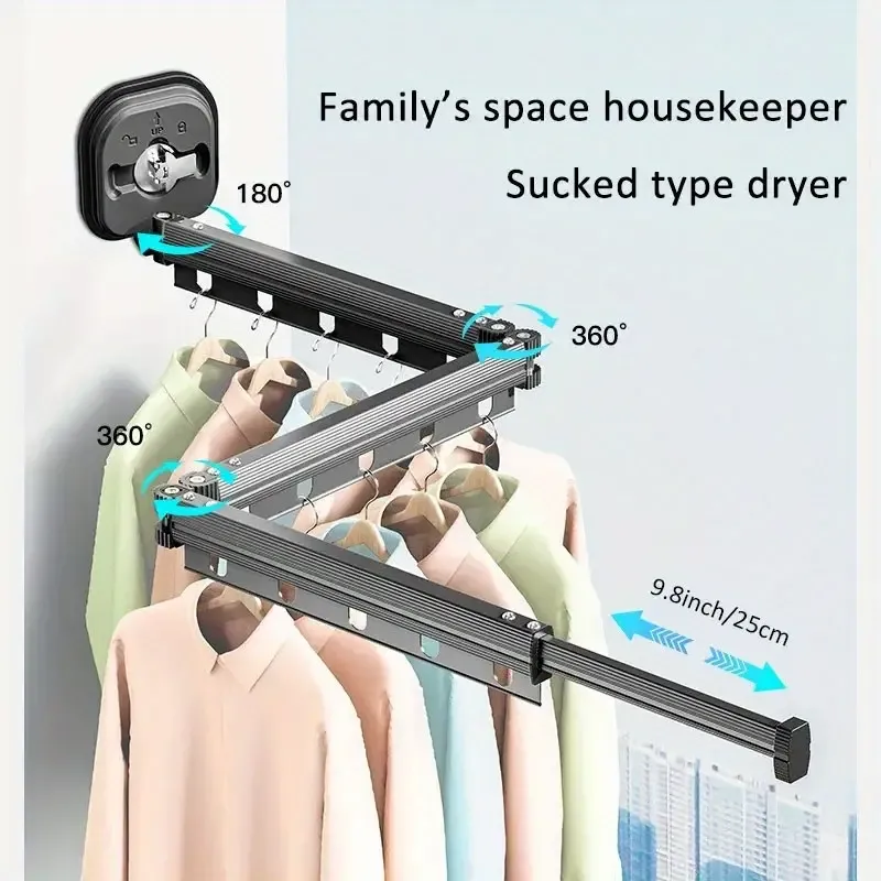 Wall-Mounted Space-Saving Drying Rack, Telescopic Foldable Clothes Hanger with Windproof Slots, Indoor Extendable Aluminum Laundry RackV