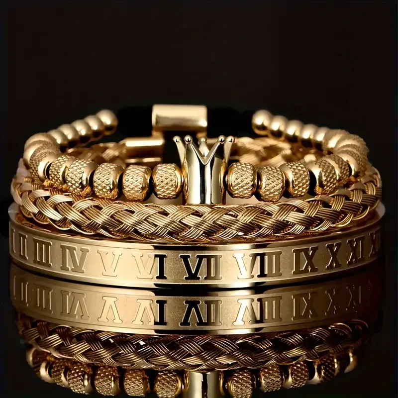 3pcs Men's Fashion Hip Hop Stainless Steel Braided Crown Bangle Bracelet