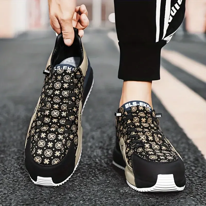 Men's Fashion Sneakers Low Top Lace-Up Casual Shoes with Graphic Pattern, Korean Style Versatile Footwear, PU Upper & Fabric Lining, Rubber Sole, Comfort Cloth Insole