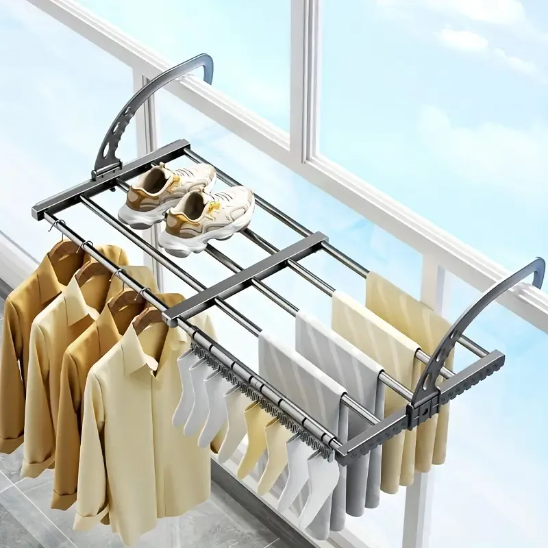 1pc Adjustable Over-the-Window Clothes Drying Rack, Plastic Balcony Hanging Laundry Organizer With Expandable Rods For Space Saving, Home Garment Airer For Indoor Outdoor Use