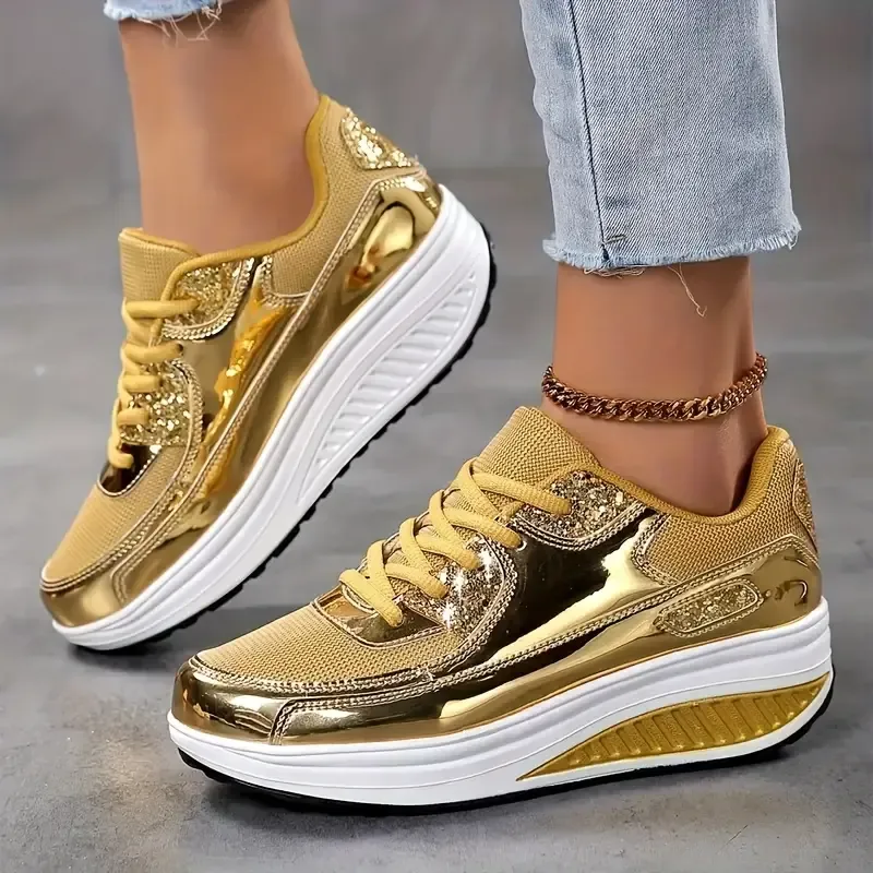 Women's Fashion Shiny Golden Lightweight Walking Sneakers, Comfortable Athletic Outdoor Shoes, Modern Breathable Mesh Design With Platform Sole
