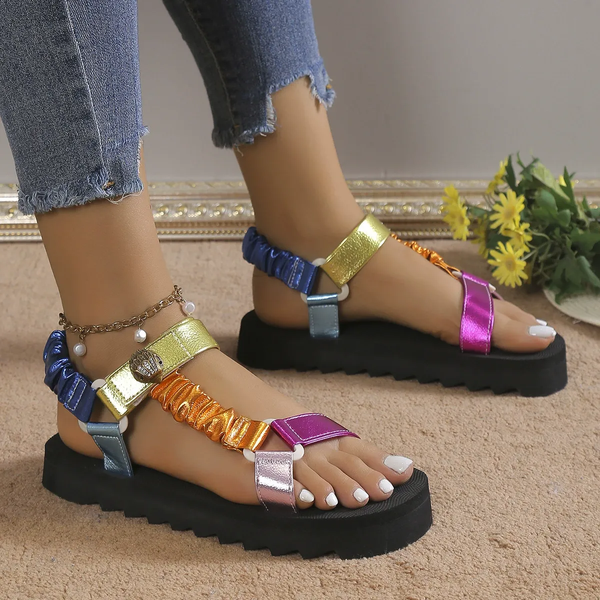 Velcro Colorblock Beach Women's Large Size Sandals