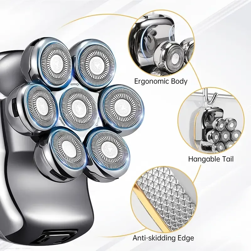 Men's Electric Head Shaver Razor, Men's Shaver - Rechargeable Cordless Hair Shaving Razors For Bald Men, 6 In 1 Wet Dry Beard Trimmer Body Hair Cutting Clipper Grooming Kit, 7 Rotary Heads, Holiday Gift Father's Day Gift
