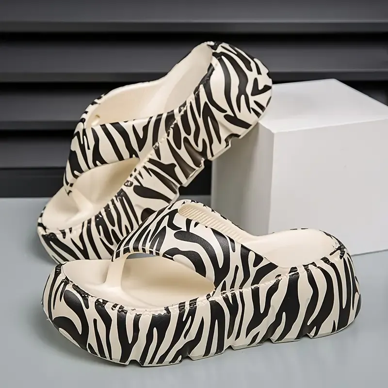 Women's Zebra Print Flip Flops, Slip On Platform Soft Sole Casual Beach Slides, Non-slip Vacation Slides