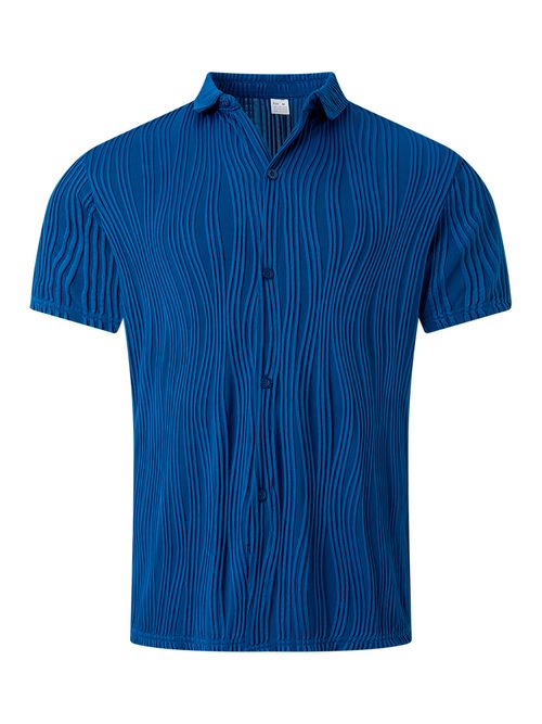 Men's Solid Color Ribbed Short Sleeve Single-breasted Lapel Shirt, Summer Fashion Tops For Casual And Daily Outerwear