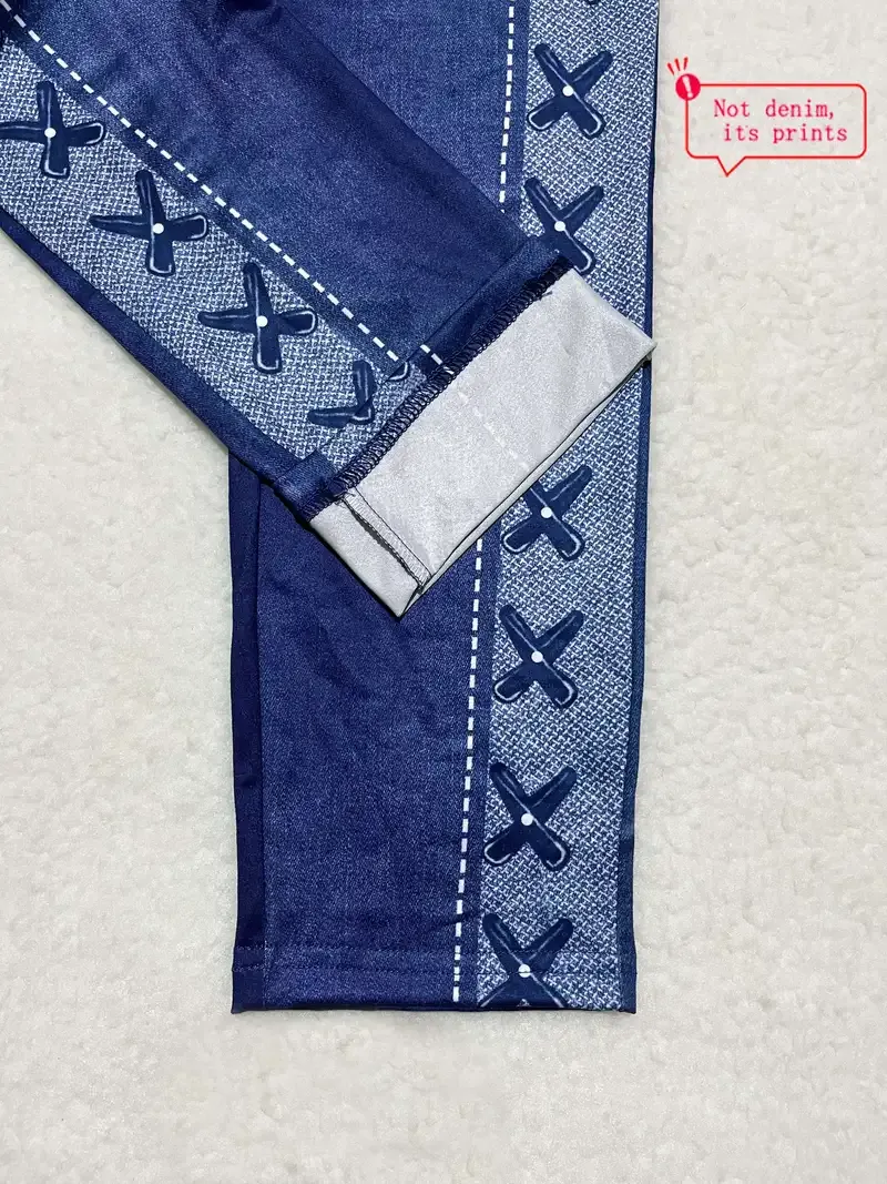 High Waist Faux Denim Print Skinny Capri Leggings, Stretchy Casual Women's Clothing