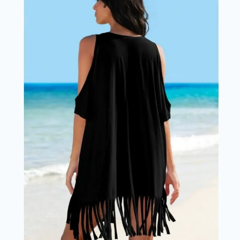 Cotton Fringe Printed Beach Cover-up Off-the-shoulder Short Sleeve Resort Top