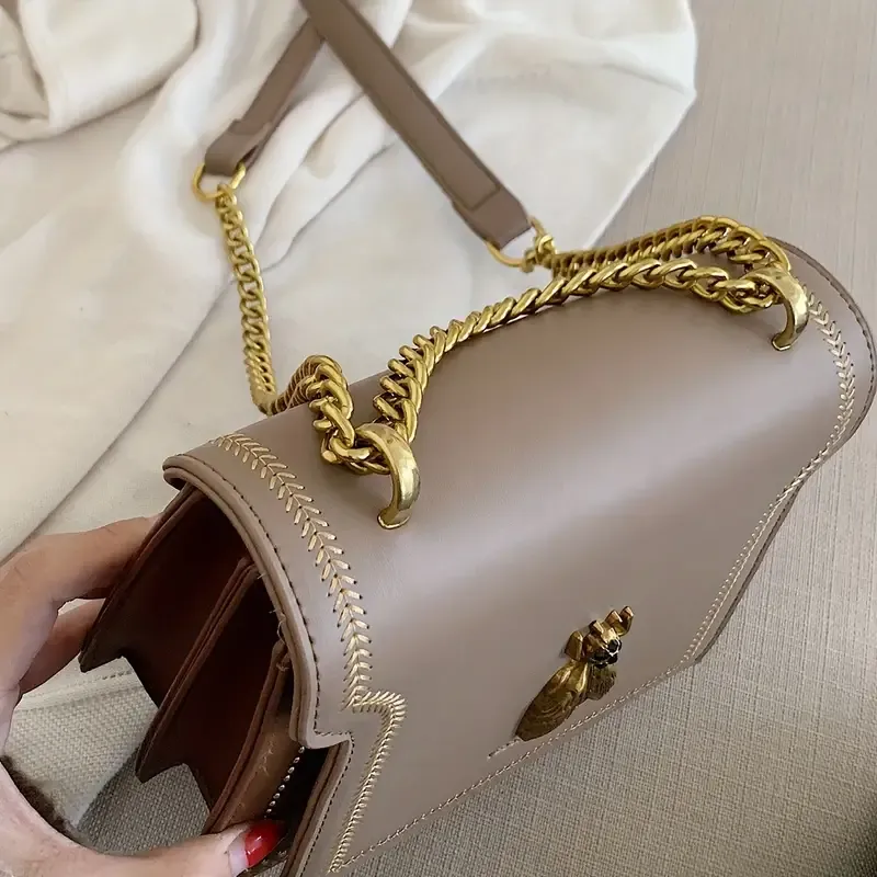 Vintage Women's Crossbody Bag, Rivets Decor Flap Square Purse with Chain Shoulder, Bee Decor