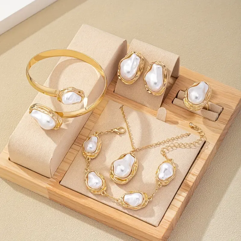Fashion European and American Style Jewelry Set Irregular Imitation Pearl Necklace Earrings Bracelet Ring Bracelet Combination Jewelry Set Women's Romantic Jewelry Gift