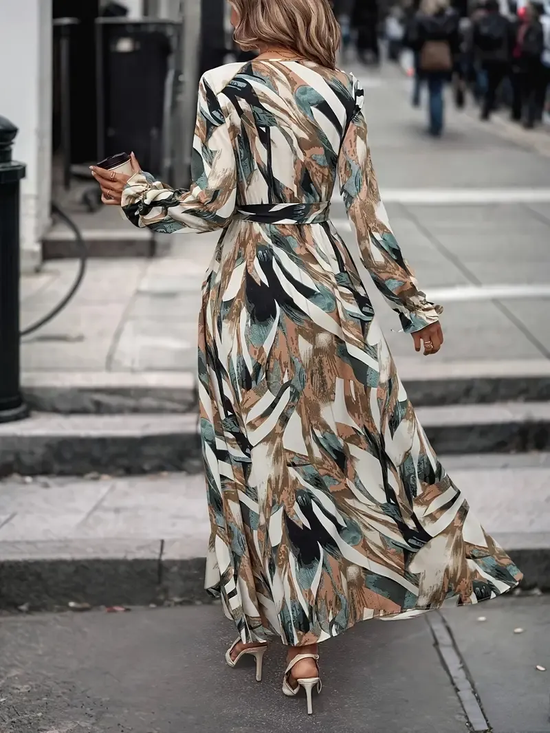 Elegant Geometric Print V-Neck Dress with Belt - Long Sleeve, A-Line, Non-Stretch Polyester, Machine Washable - Women's Fashion for All Seasons