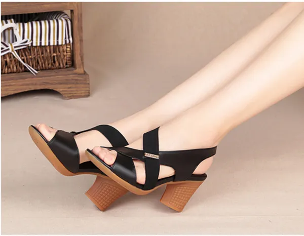 Women's Chunky Heeled Sandals, Peep Toe Elastic Strap Slip On Heels, All-Match Going Out Sandals