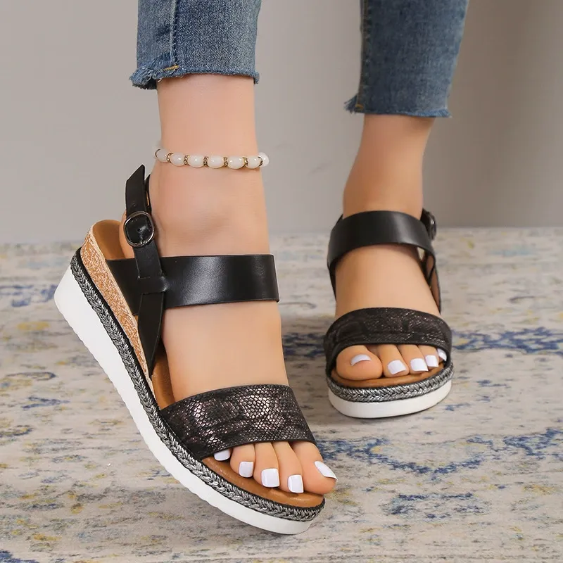 Large size platform buckle snake-patterned women's slip-on thick-soled beach sandals