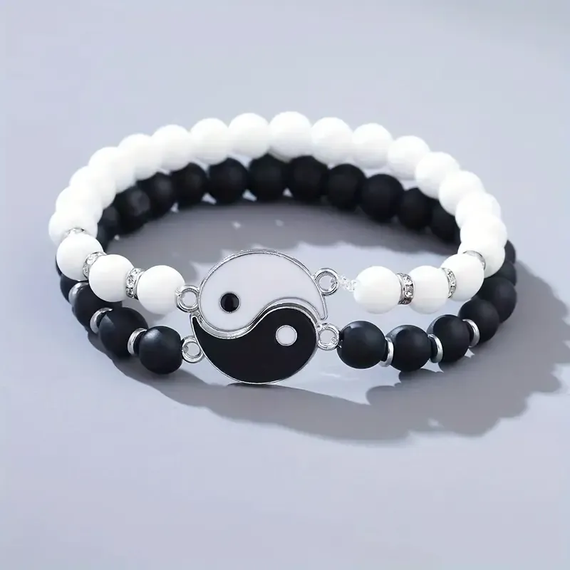 2pcs Yin Yang Tai Chi Bracelets For Women, Elegant & Vintage Beaded Bracelets, Fashion Versatile Jewelry Accessory