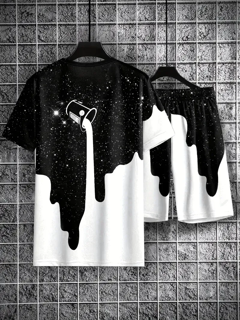 Men's Funny Cup Pattern Graphic Print T-shirt & Shorts Set For Summer, Contrast Color 2Pcs Outfits