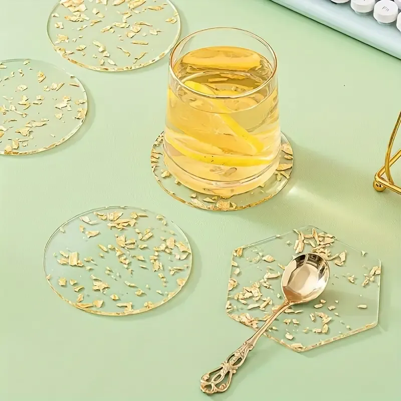 6pcs, Round Shaped Heat-Resistant Acrylic Coasters with Golden Foil Heat Insulation Tea Cup Mat for Tabletop Protection Home Decor