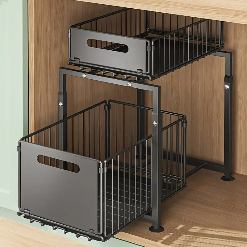 2-Tier Under Sink Organizer with Pull-Out Metal Drawers, Iron Cabinet Storage for Kitchen & Bathroom, Adjustable Height, Black
